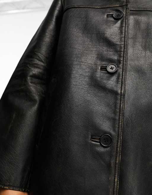 Chaqueta negra con solapas de cuero auténtico lavado premium de ASOS DESIGN, 2 de 4