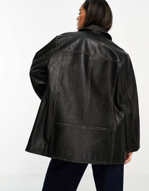 Chaqueta negra con solapas de cuero auténtico lavado premium de ASOS DESIGN, 3 de 4
