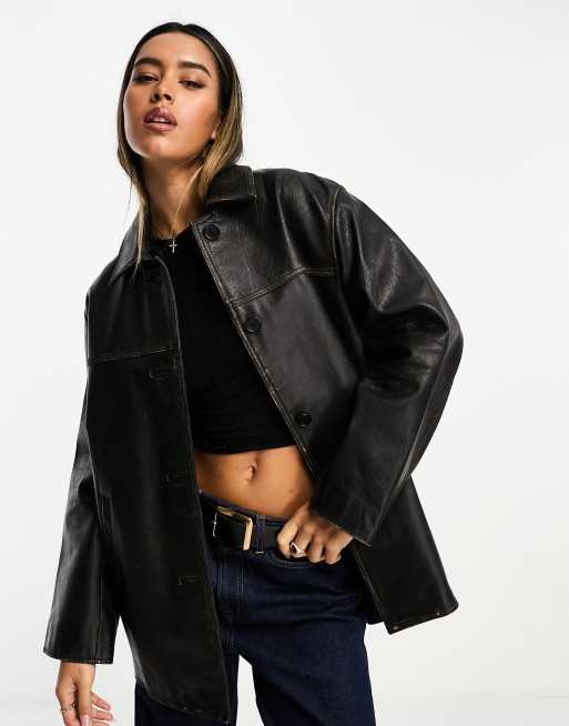 Chaqueta negra con solapas de cuero auténtico lavado premium de ASOS DESIGN, 4 de 4