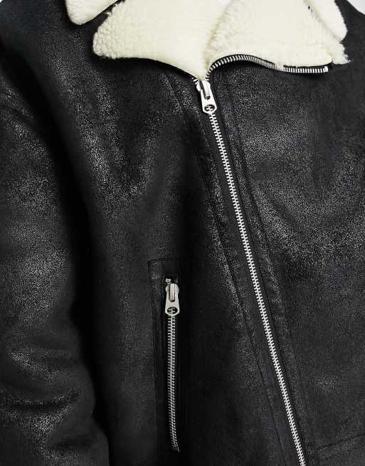 Chaqueta negra de aviador de borreguito sintético de ASOS DESIGN, 3 de 4