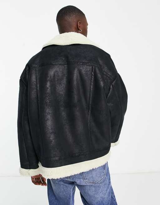 Chaqueta negra de aviador de borreguito sintético de ASOS DESIGN, 4 de 4