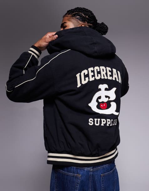 Chaqueta negra de estilo worker con capucha, forro y logo bordado de ICECREAM - view 1