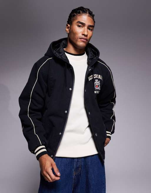 Chaqueta negra de estilo worker con capucha, forro y logo bordado de ICECREAM, 3 de 5