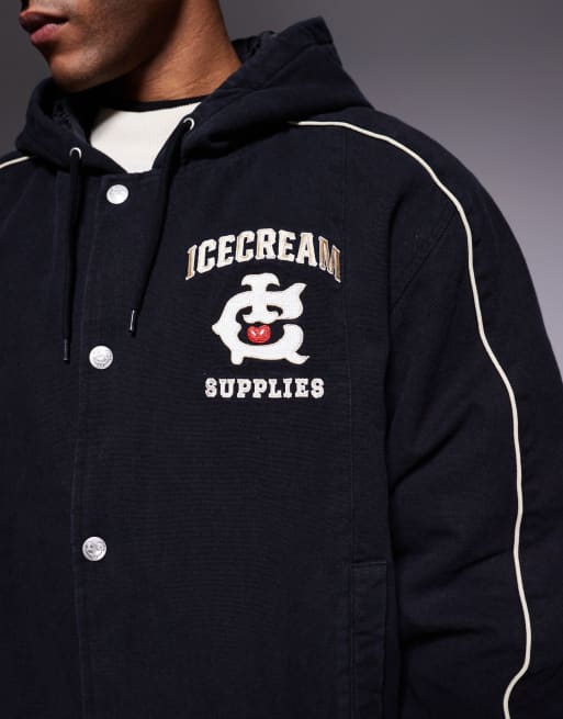 Chaqueta negra de estilo worker con capucha, forro y logo bordado de ICECREAM, 5 de 5