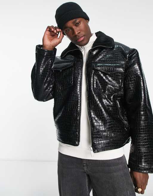 Chaqueta negra efecto piel de cocodrilo de River Island