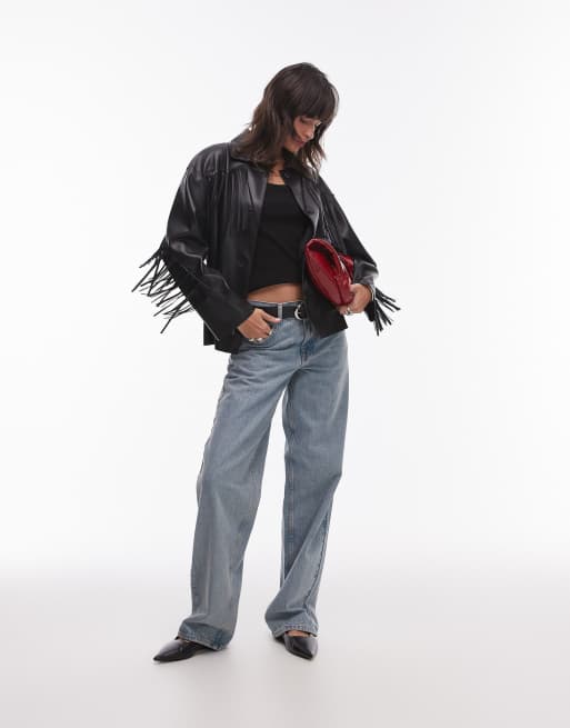 Chaqueta negra estilo camisa de tejido efecto cuero con detalle de flecos de Mango