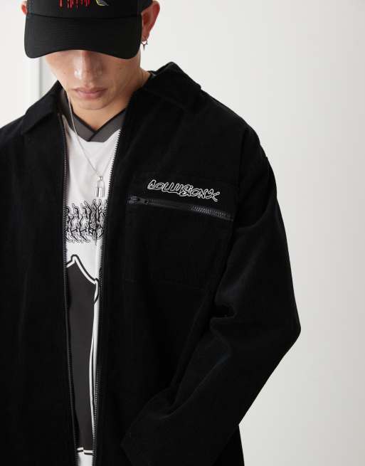Chaqueta negra estilo camisa extragrande con detalle bordado de pana de COLLUSION