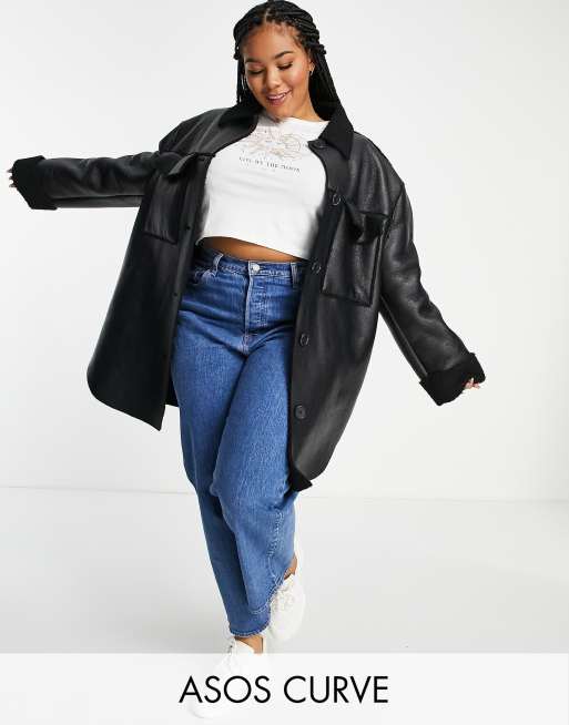 Chaqueta negra estilo camisa reforzada de borreguito de ASOS DESIGN Curve