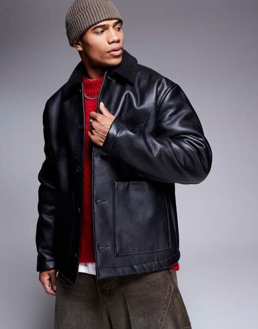 Chaqueta negra estilo worker extragrande de cuero sintético con forro de borreguito de ASOS DESIGN