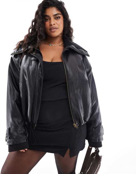 Chaqueta negra extragrande con cuello alzado de tejido efecto cuero de ASOS DESIGN Curve - view 1