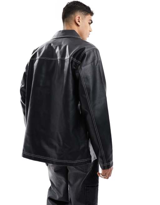 Chaqueta negra extragrande con pespuntes en contraste de cuero sintético de ASOS DESIGN, 3 de 4