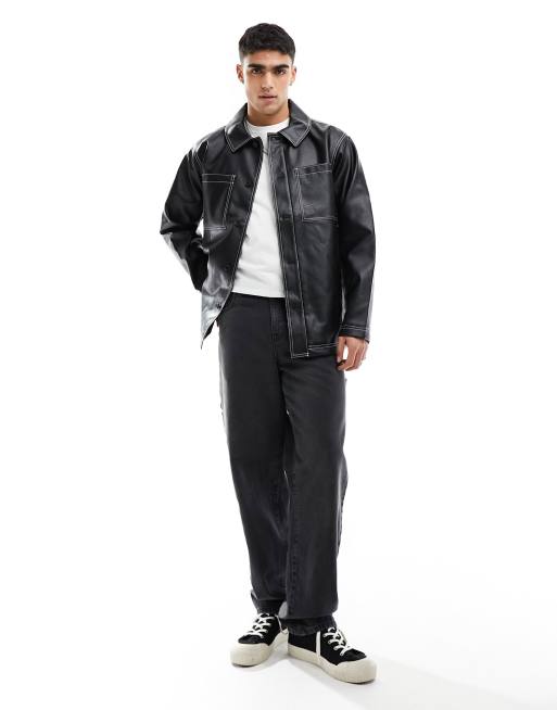 Chaqueta negra extragrande con pespuntes en contraste de cuero sintético de ASOS DESIGN, 4 de 4