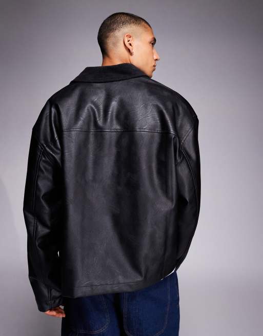 Chaqueta negra extragrande de cuero sintético con solapas de pana de ASOS DESIGN, 3 de 5