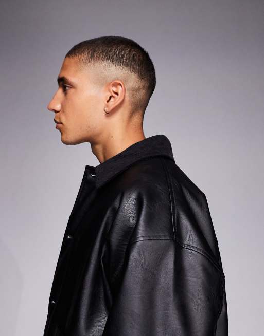 Chaqueta negra extragrande de cuero sintético con solapas de pana de ASOS DESIGN, 4 de 5