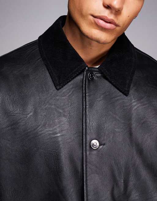 Chaqueta negra extragrande de cuero sintético con solapas de pana de ASOS DESIGN, 5 de 5