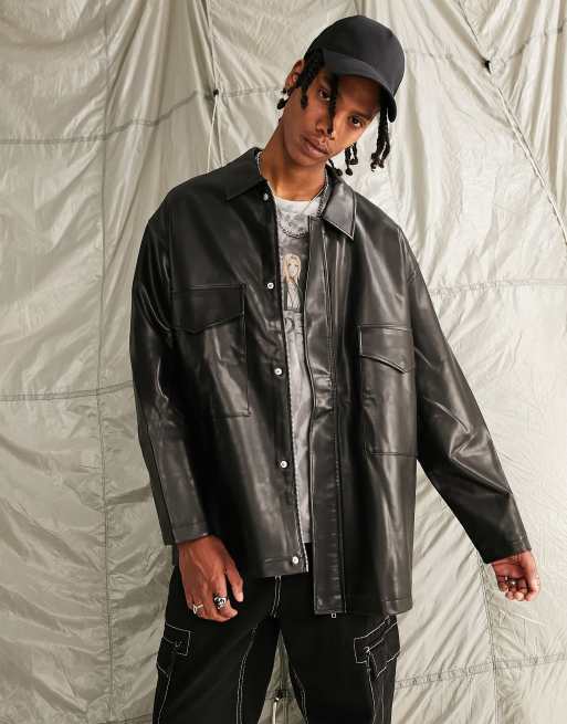 Chaqueta negra extragrande estilo entrenador de cuero sintético de ASOS DESIGN