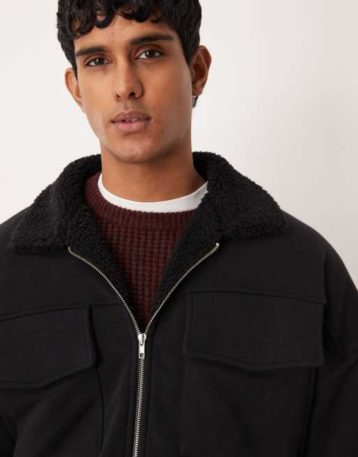 Chaqueta negra holgada con cremallera y forro de borreguito de ASOS DESIGN, 5 de 5