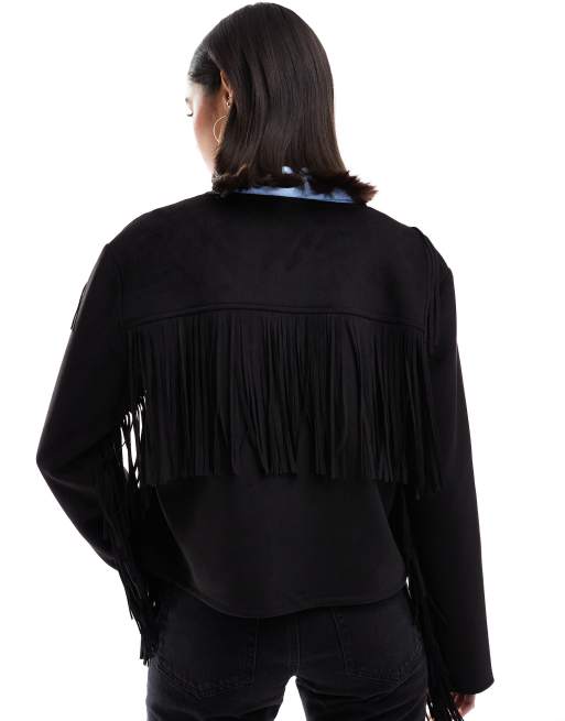 Chaqueta negra sin solapas con flecos de antelina de New Look, 4 de 4