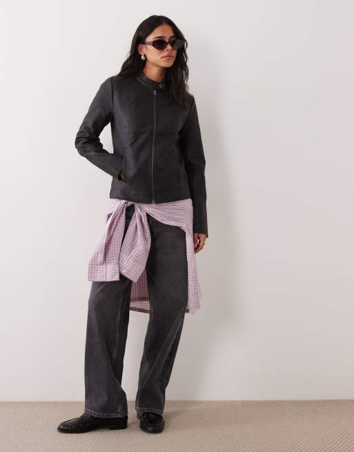 Chaqueta negra sin solapas de cuero sintético de JDY, 3 de 4