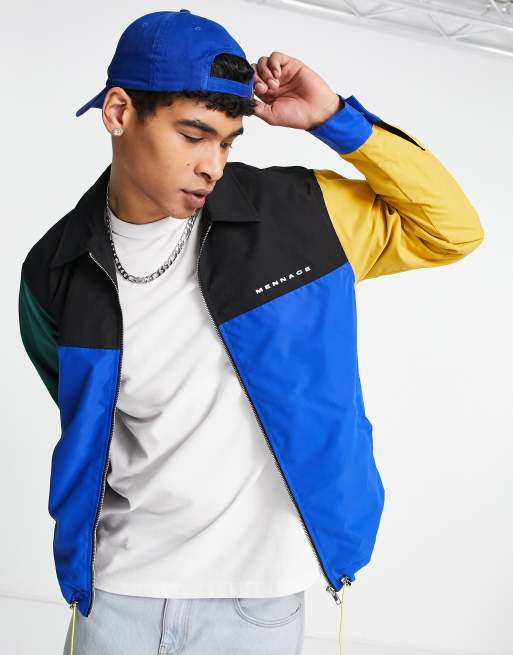 Chaqueta negra y azul estilo entrenador con diseño de paneles color block de Mennace
