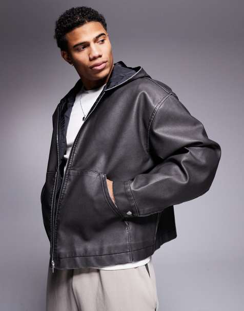 Chaqueta negro lavado extragrande con capucha de cuero sintético de ASOS DESIGN - view 1