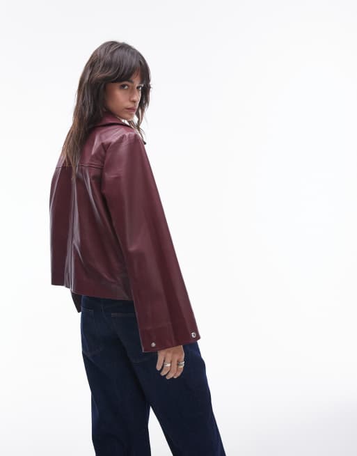 Chaqueta rojo oscuro con solapas de cuero auténtico de Selected Femme, 2 de 4