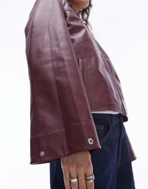 Chaqueta rojo oscuro con solapas de cuero auténtico de Selected Femme, 3 de 4