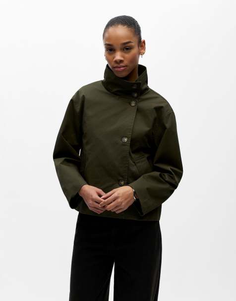 Chaqueta trench con cuello alzado en verde oscuro - view 1