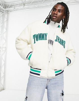 Tommy Jeans collegiate logo sherpa varsity jacket in off white - ASOS Price Checker