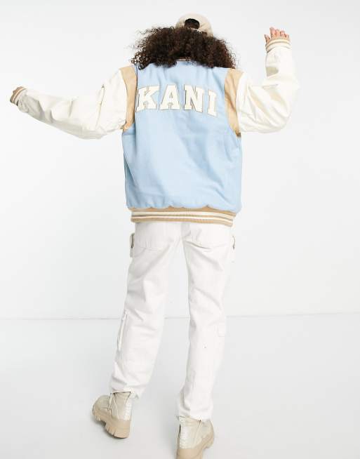 Chaqueta universitaria extragrande de estilo retro con logo en la espalda de Karl Kani