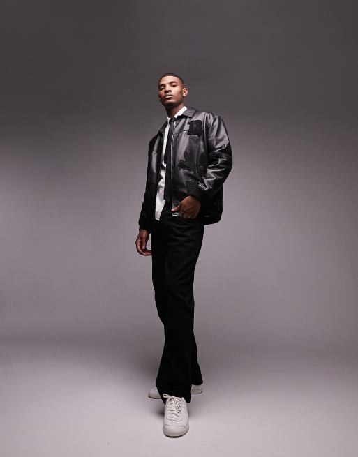 Chaqueta universitaria negra con parches de cuero auténtico de Topman, 4 de 4