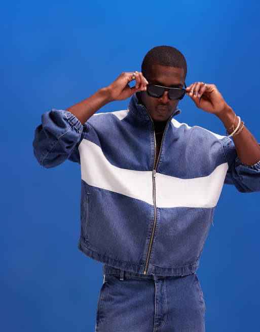Chaqueta vaquera azul con cremallera, paneles blancos y lavado medio de estilo años 90 de ASOS DESIGN (parte de un conjunto)