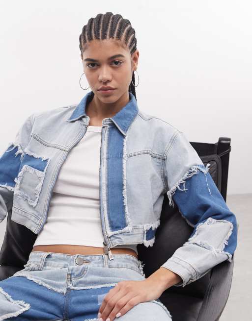 Chaqueta vaquera azul de corte cuadrado con diseño desgastado y costuras de Liquor N Poker (parte de un conjunto), 2 de 3