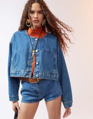 Chaqueta vaquera azul medio sin solapas de ASOS DESIGN (parte de un conjunto) - view 1