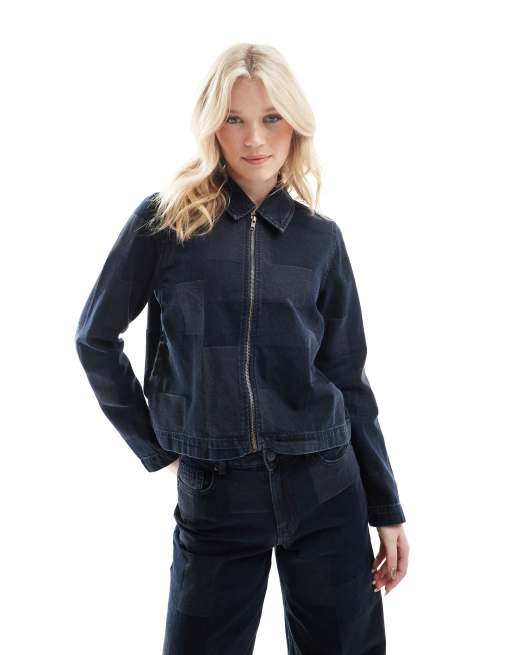Chaqueta vaquera azul oscuro con diseño tipo patchwork y cremallera de Vero Moda (parte de un conjunto)