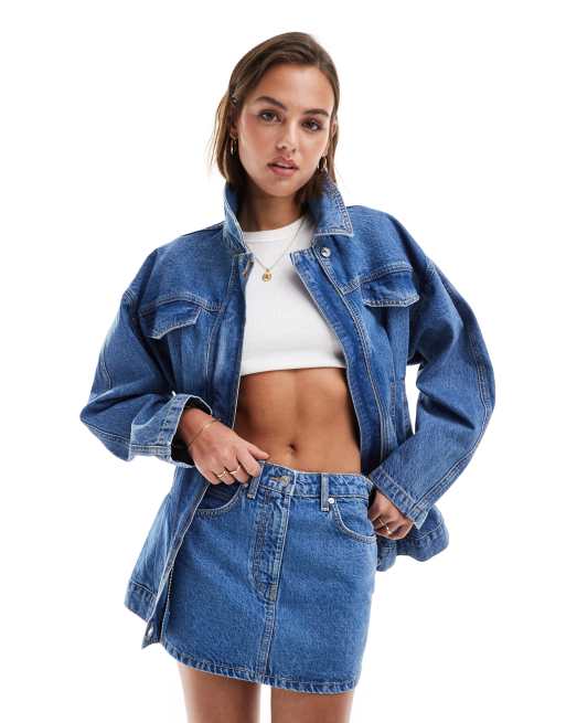 Chaqueta vaquera con lavado azul medio y detalle de costuras en la cintura premium de ASOS DESIGN (parte de un conjunto)