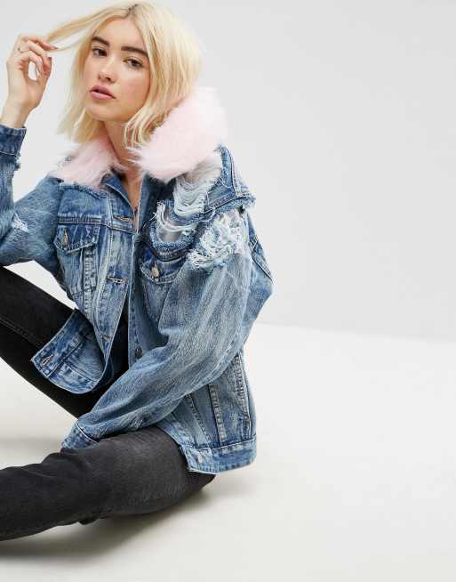 Filadelfia Extensamente Fragante Chaqueta vaquera con rotos y cuello de pelo sintético de quita y pon de  ASOS | ASOS