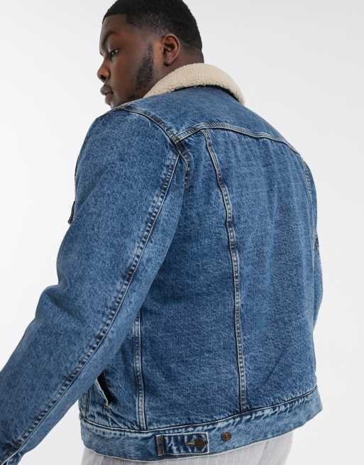 Chaqueta vaquera de borreguito en azul desgastado Big & Tall de Topman, 2 de 4