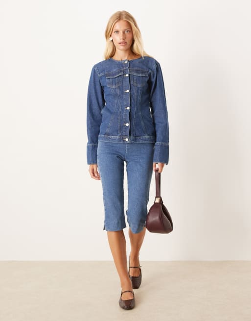 Chaqueta vaquera larga azul medio sin solapas con cintura entallada de ASOS DESIGN, 3 de 4