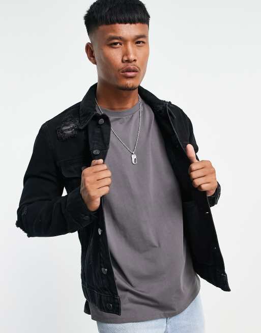 Chaqueta vaquera negra con detalles rasgados de ASOS DESIGN