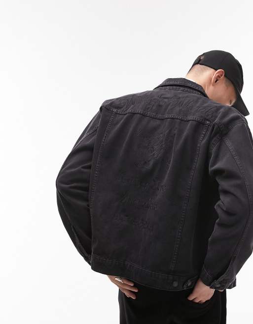 Chaqueta vaquera negra extragrande con bordado de carreras en la espalda de Topman