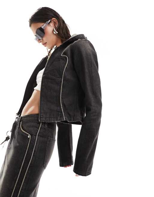 Chaqueta vaquera negro lavado con capucha y detalle de ribetes Portola de Weekday (parte de un conjunto)