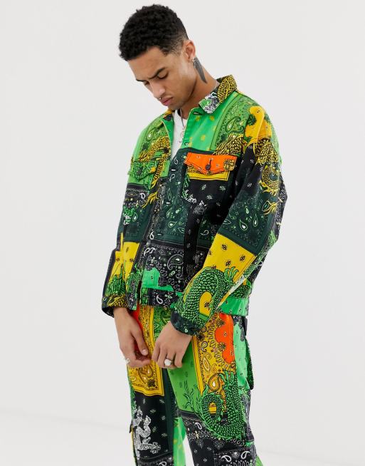 Conjunto en verde y amarillo con estampado de cachemir y dragones de Jaded London, 2 de 3