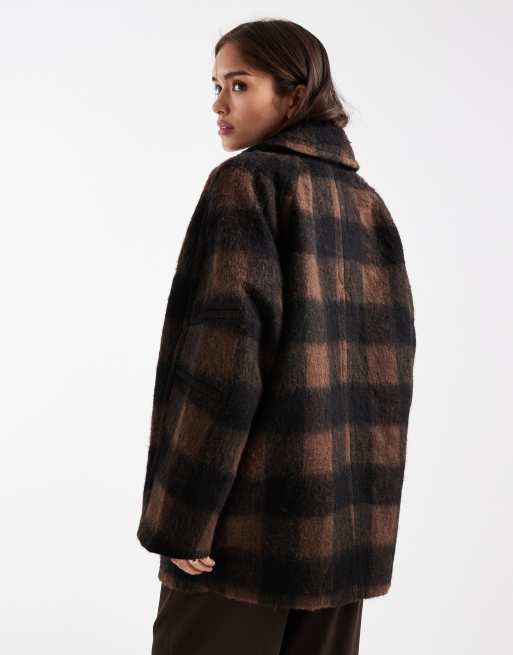 Chaquetón negro y marrón a cuadros de mezcla de lana premium de ASOS DESIGN, 4 de 4