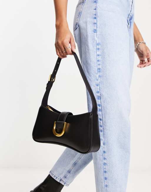 Charles & Keith - Borsa da spalla nera con fibbia oro, 2 di 4