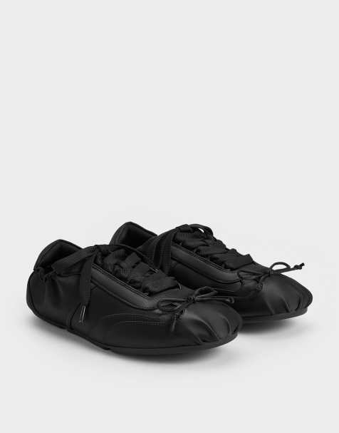 Charles & Keith Cece satin ruched bow sneakers in black textured - view 1
