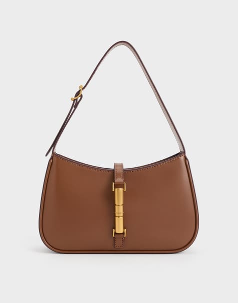Charles & Keith Cesia metallic accent shoulder bag in chocolate - view 1