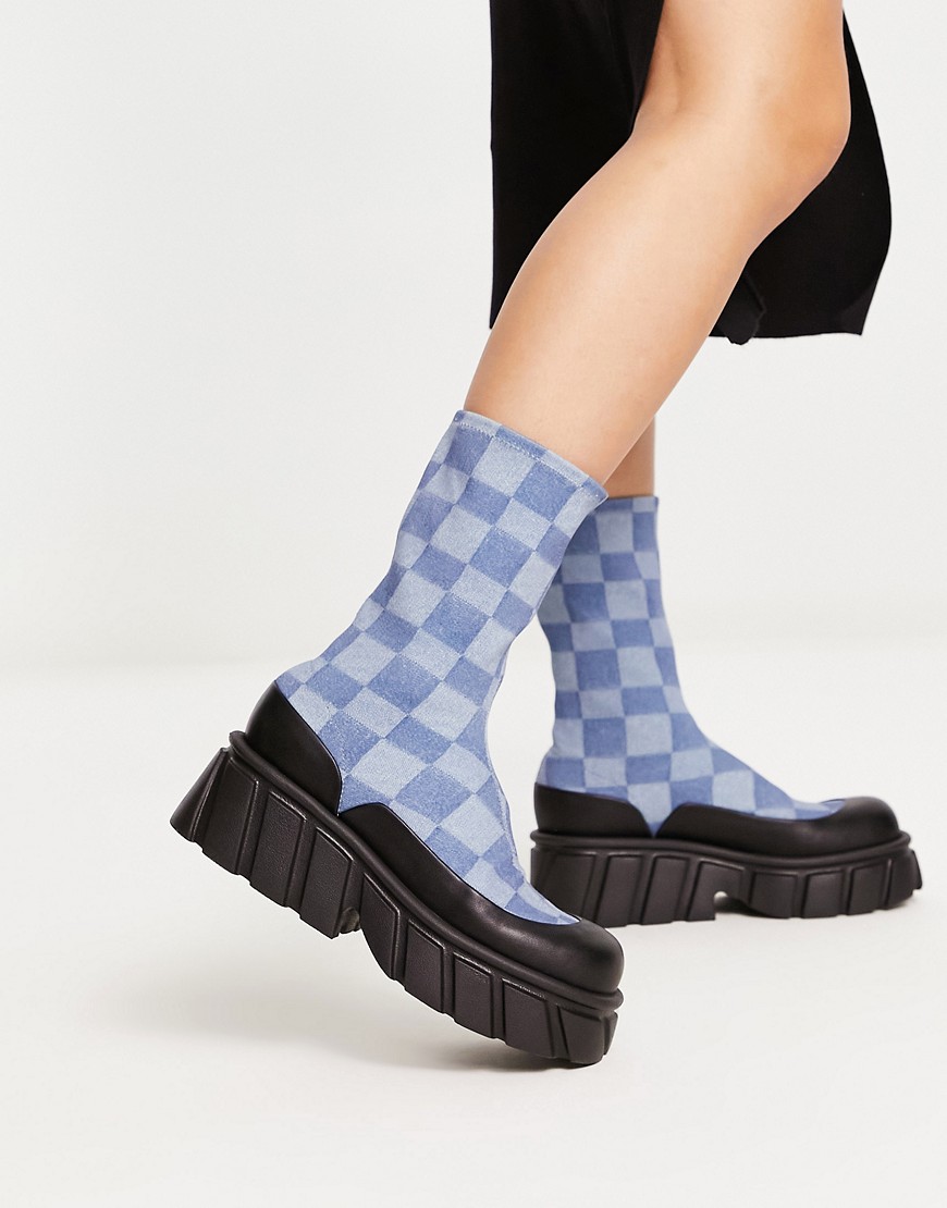 checkerboard denim calf boots in blue