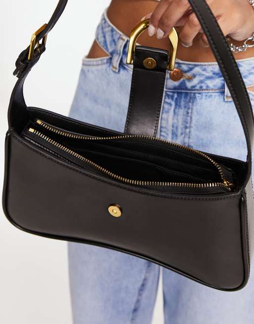 Charles & Keith – Czarna torebka na ramię ze złotą klamrą, 4 z 4