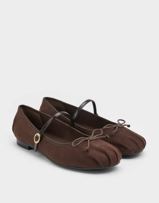 Charles & Keith Emiko faux suede bow mary jane flats in dark brown textured, 2 of 4